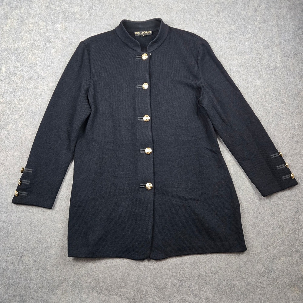 Vintage St John Basics Cardigan Sweater Womens 14 Black Santana Knit Gold Button